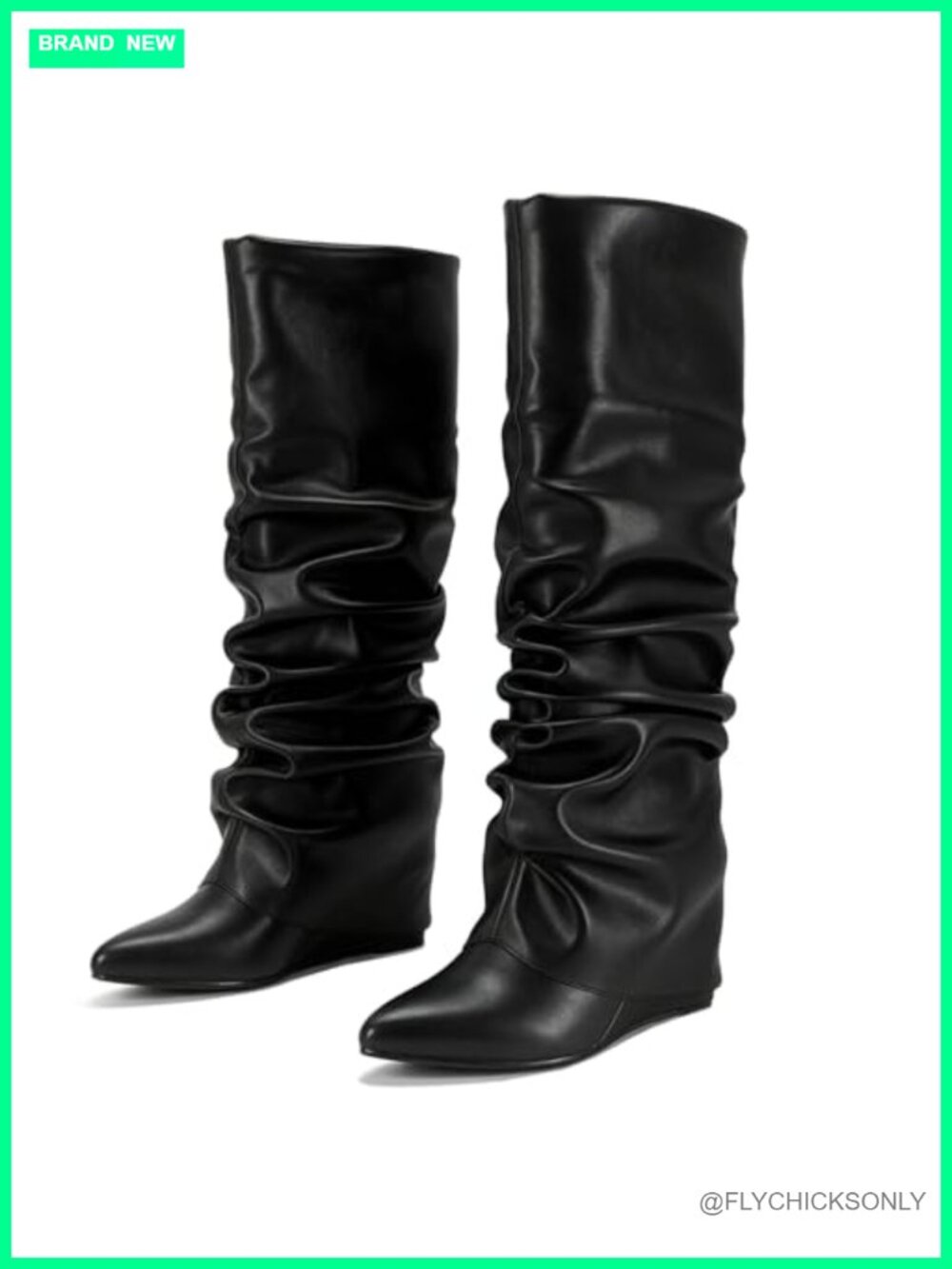Women's Faux Leather Fold Over Knee High Wedge Boots Pointed Toe Pull On